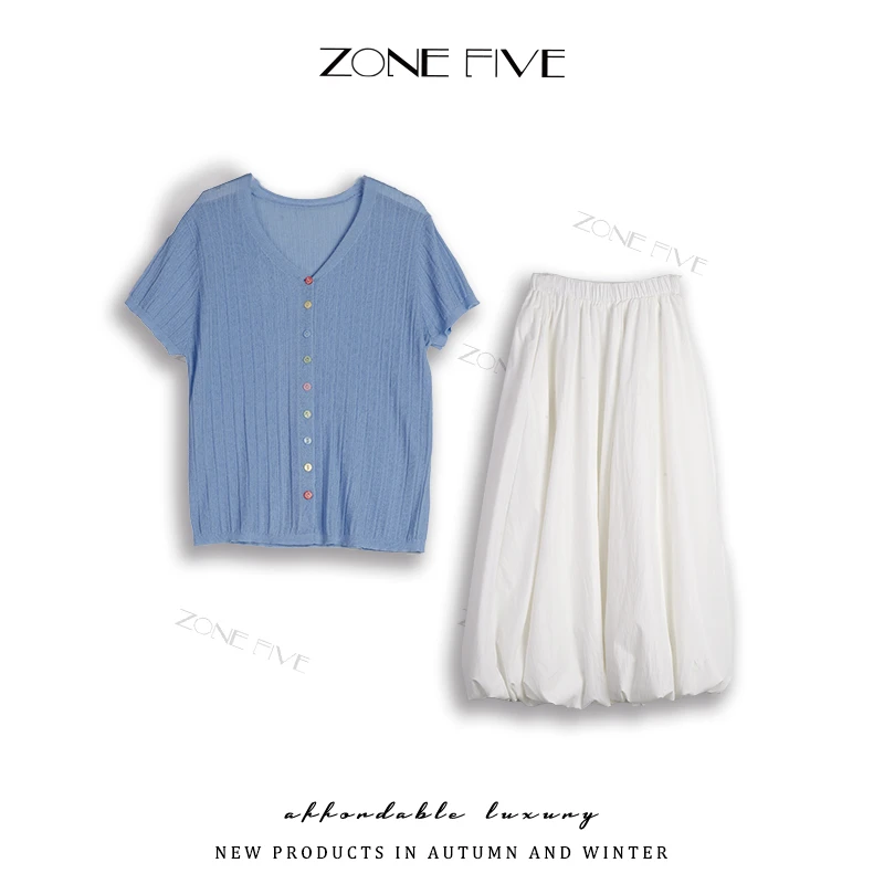 【zonefive】夏新款高级感彩色单排扣短袖+气质花苞裙两件套