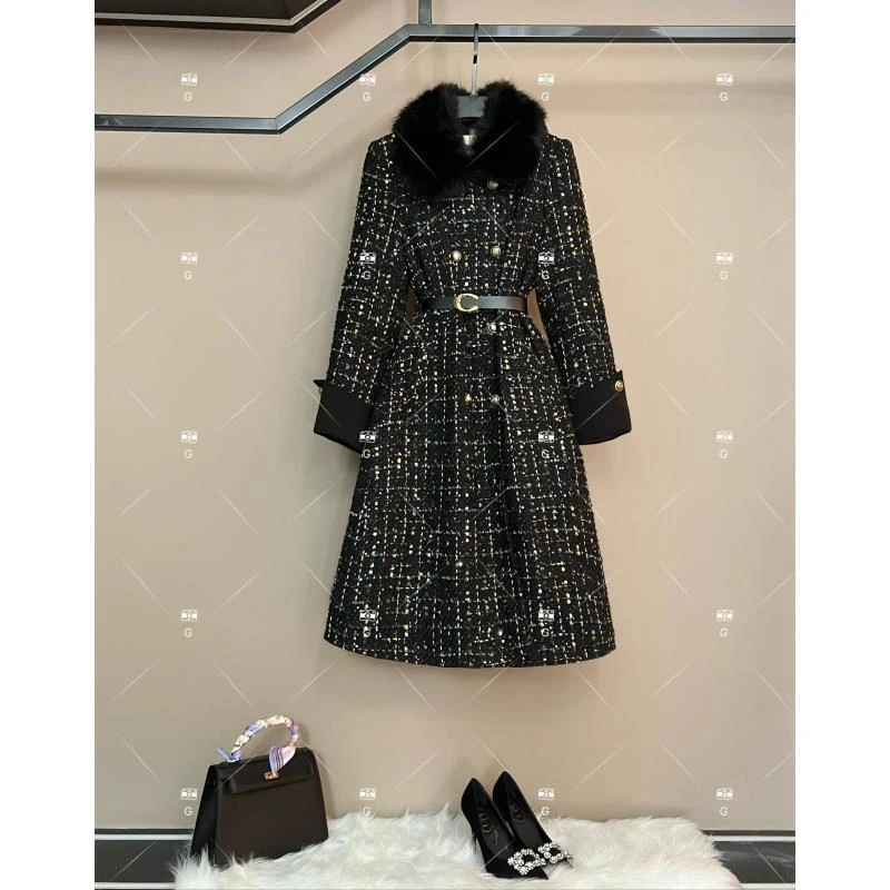 宽松型V领中长款厚款耐磨毛领轻奢拼接时尚 QD-2025323