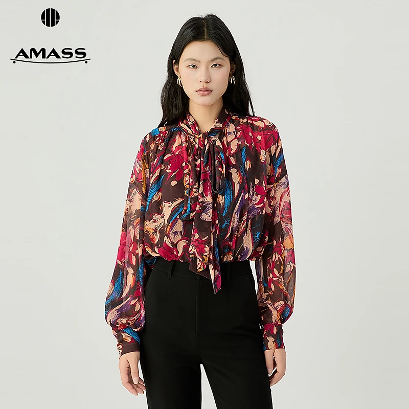 阿玛施AMASS 时髦法式优雅气质飘逸领口系带长袖衬衫两件套530020