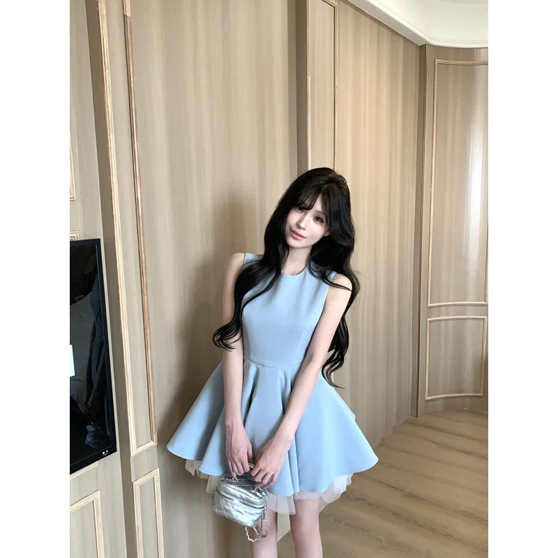 2025新款撞色网纱拼接无袖法式赫本连衣裙气质收腰蓬蓬裙芭蕾裙女