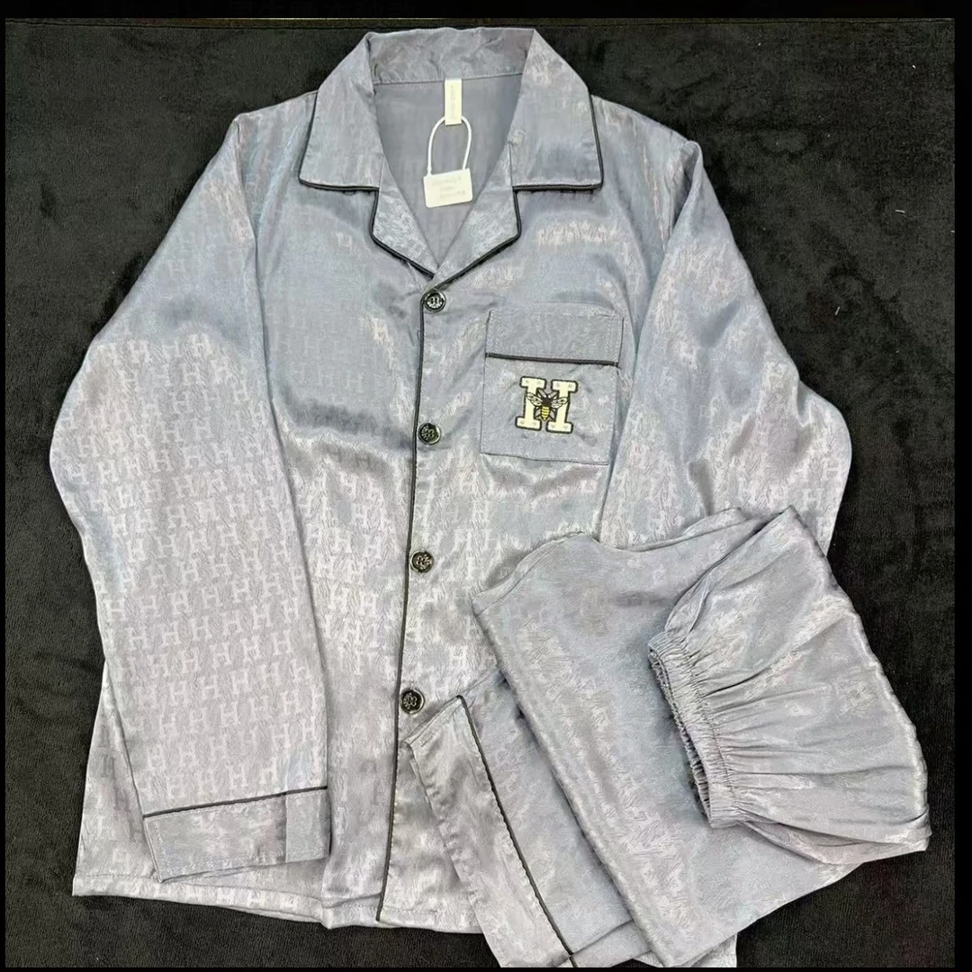 琦欣之梦H灰提花高定长袖长裤家居服套装男