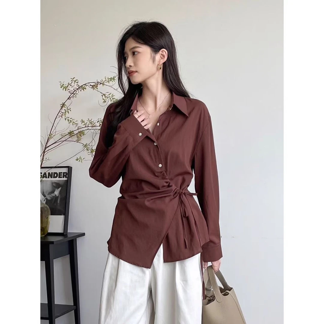 女士衬衫秋季2025年新款不规则交叉抽绳长袖POLO领衬衣时髦感上衣