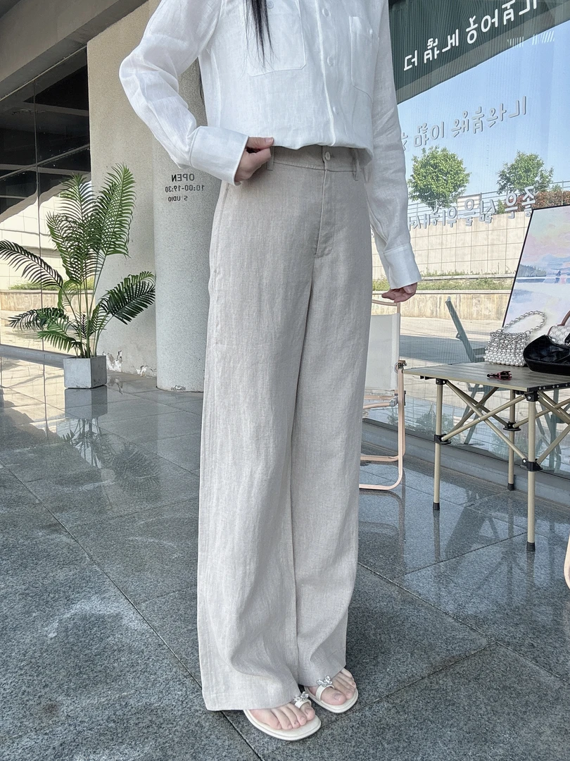 小禾原面料2025夏季新款双雨露亚麻平纹布直筒阔腿裤休闲裤