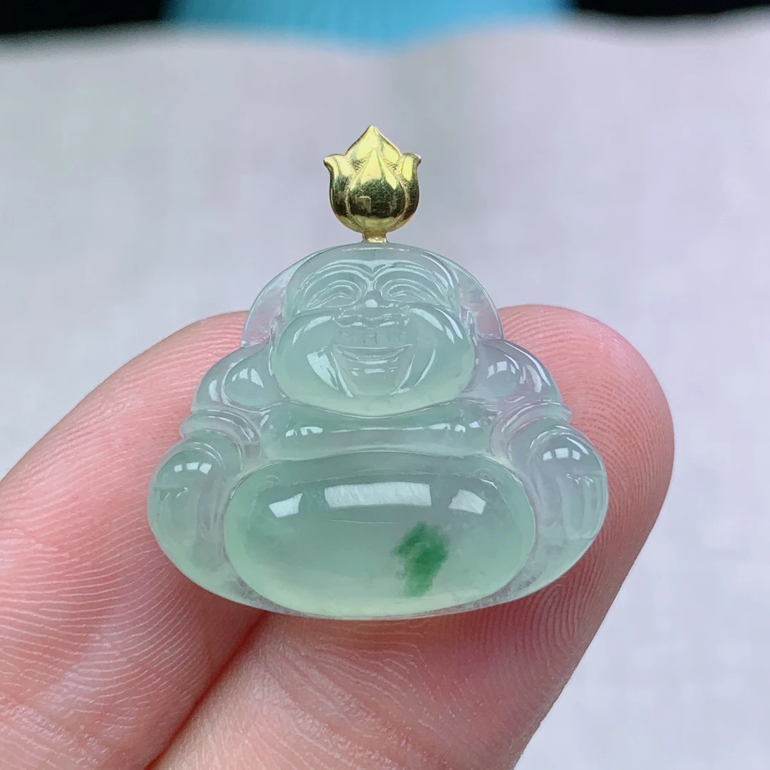 m缅甸天然翡翠A货19.3-22.9-6.8玉石冰种晴水飘花佛公吊坠礼物