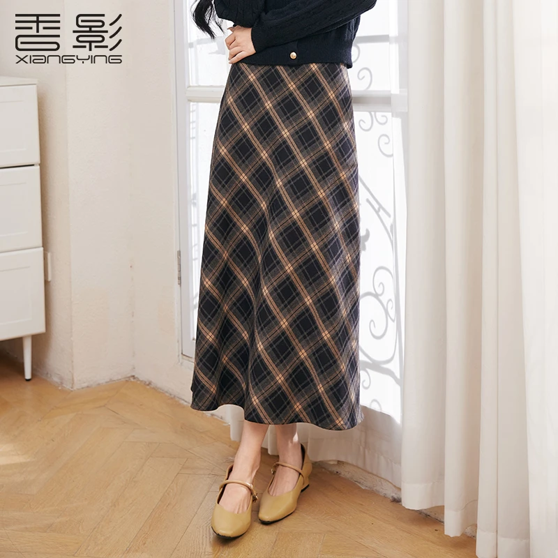 【粉丝专享】R85W771半身裙 香影复古咖色格子半身裙女冬季新款垂