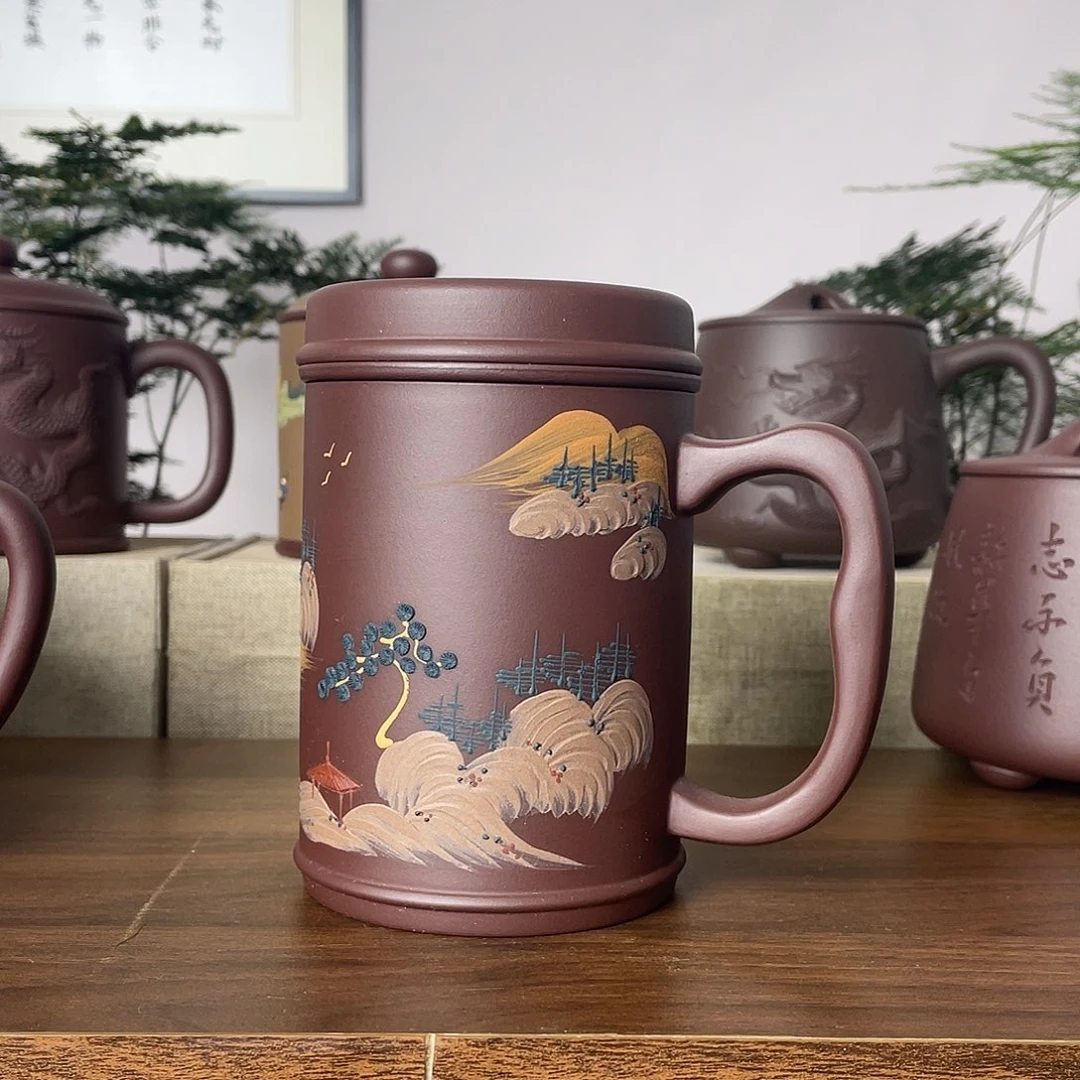 柏***备茶杯紫砂泥绘山水三件套450cc