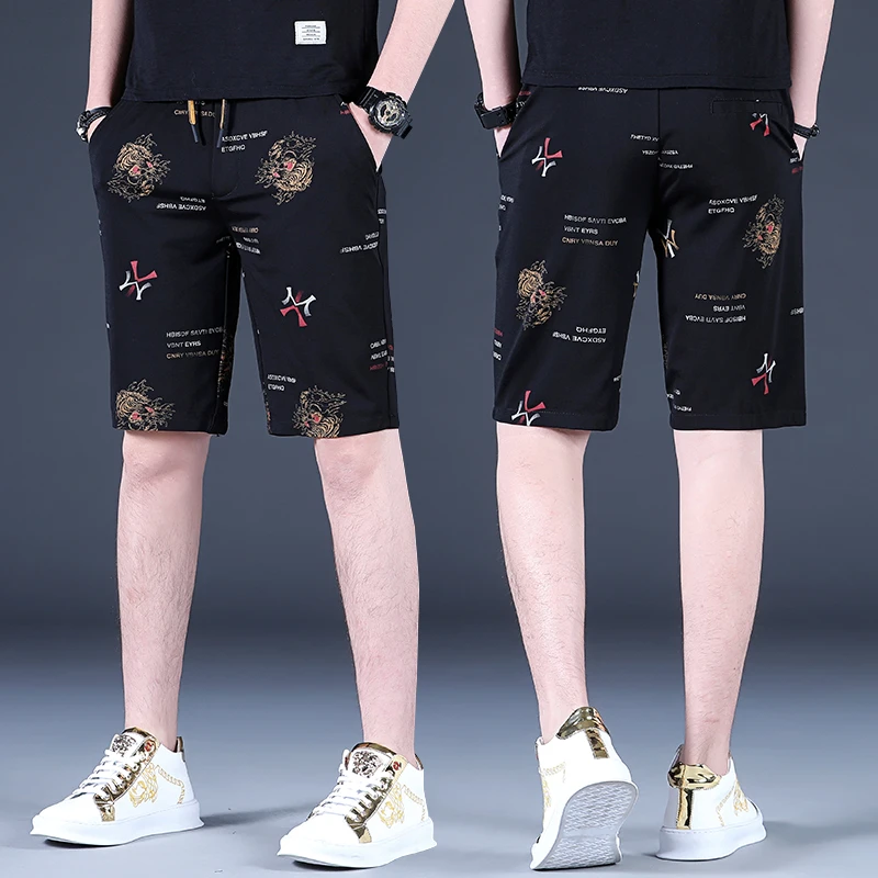 2025年夏季短裤男薄款速干五分裤潮牌弹力中裤裤子印花休闲沙滩裤