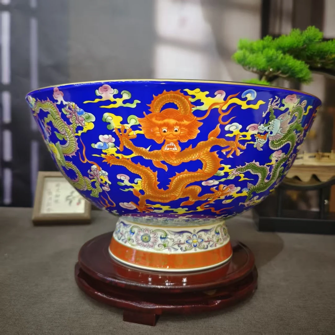 【百善瓷业】宝石蓝咏九龙图超级大碗-GH