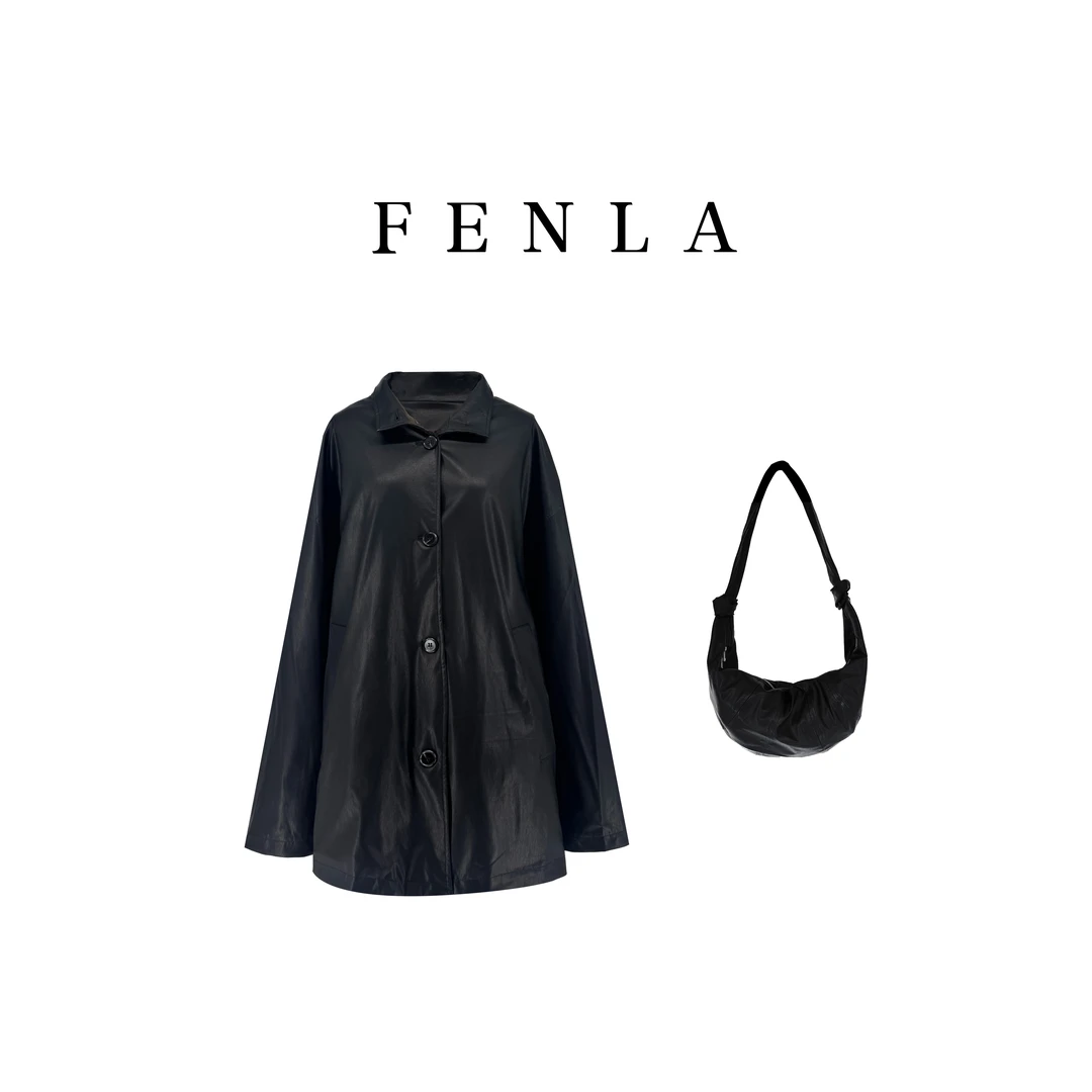 【惠姐私服】时尚高级感宽松显瘦皮衣夹克外套配包包中长款 83611