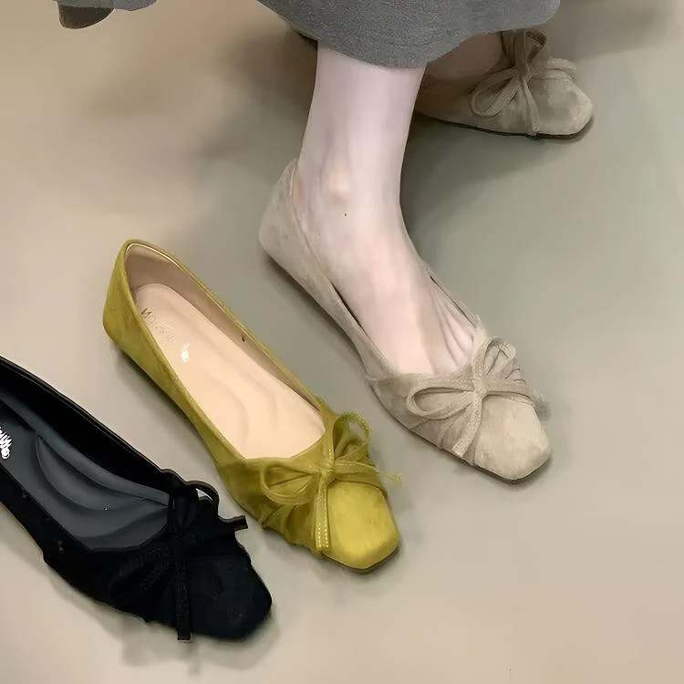 2025秋季新款蝴蝶结浅口方头单鞋百搭仙女风低跟复古温柔晚风女鞋