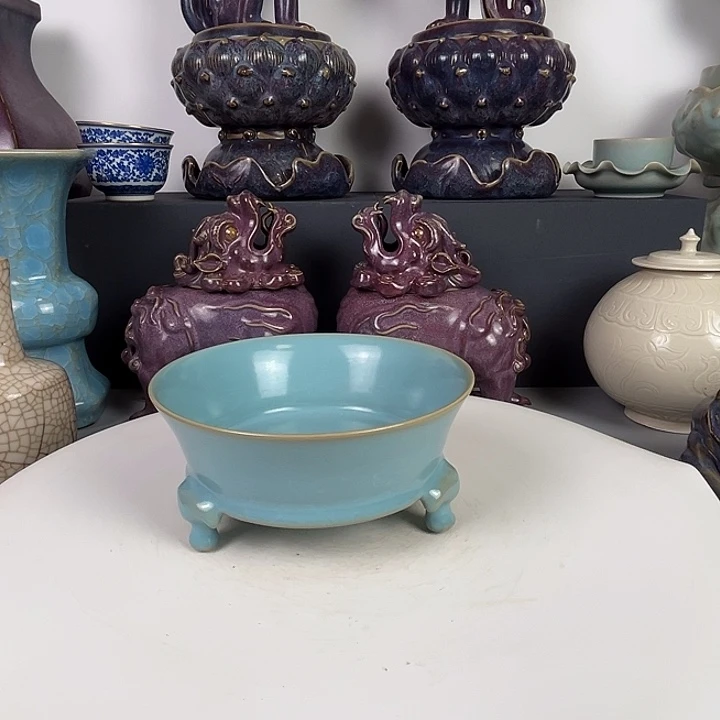 L***1摆件陶汝瓷天蓝釉三足洗！