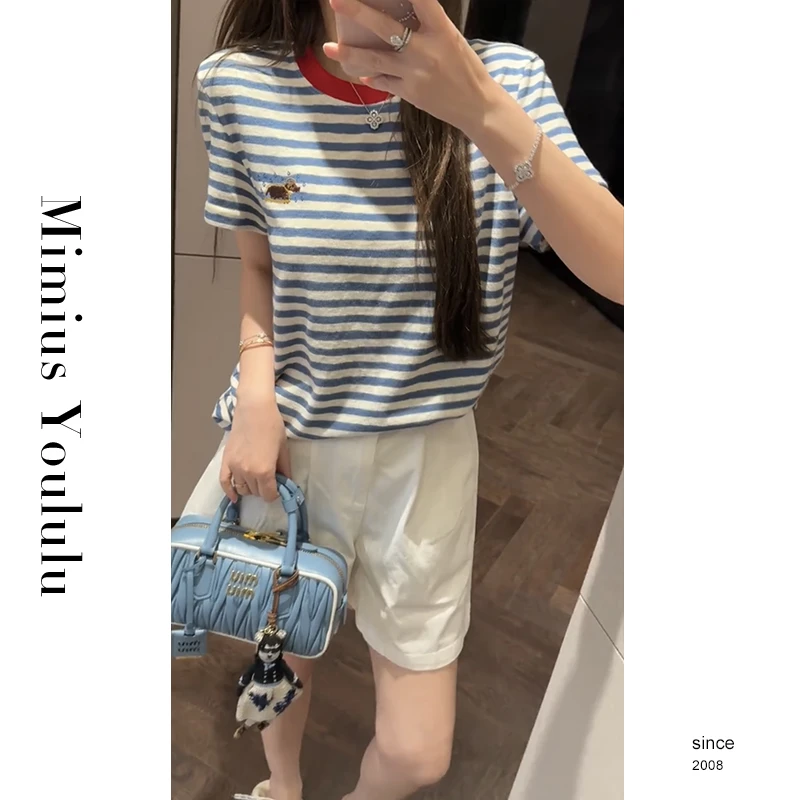 【mimius】婷婷 韩系百搭刺绣宽松条纹显瘦减龄上衣 G03491