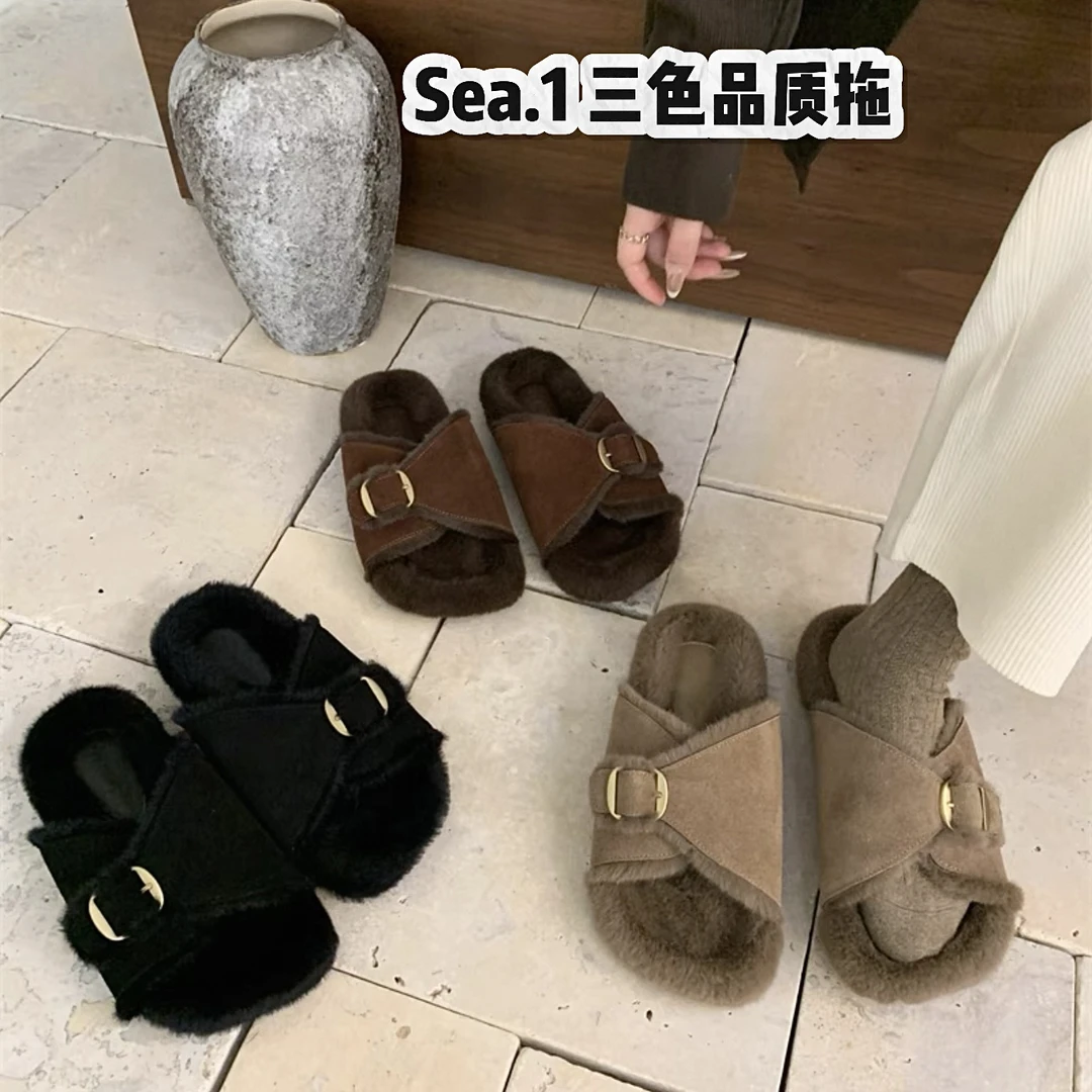 【Sea.1 AAn x 牛反皮厚底毛毛拖鞋】外穿 皮带扣女鞋加绒一字拖女