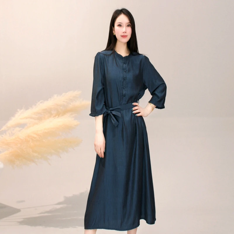 2025新款休闲时尚系带连衣裙显瘦长裙气质长袖蓝色裙子BY05080371