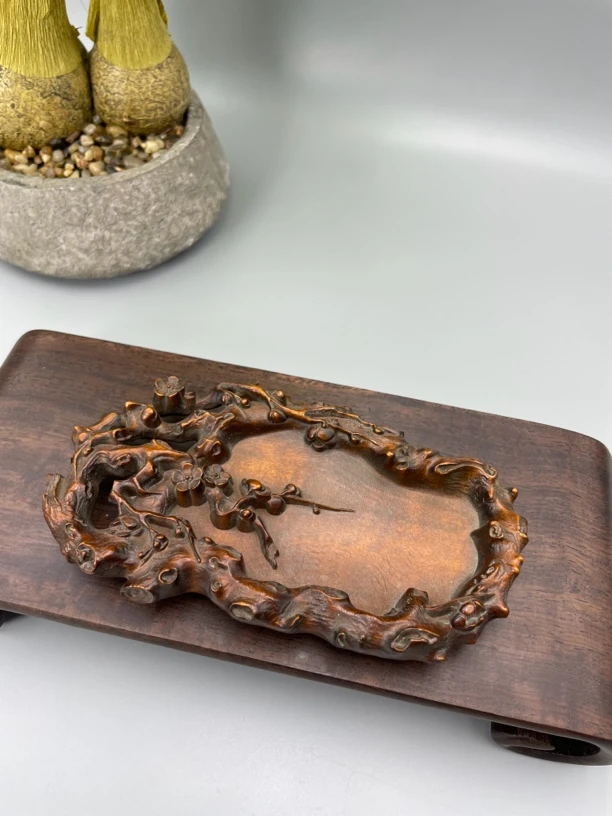 小叶黄杨木仿古工艺梅花砚台复古茶盘摆件