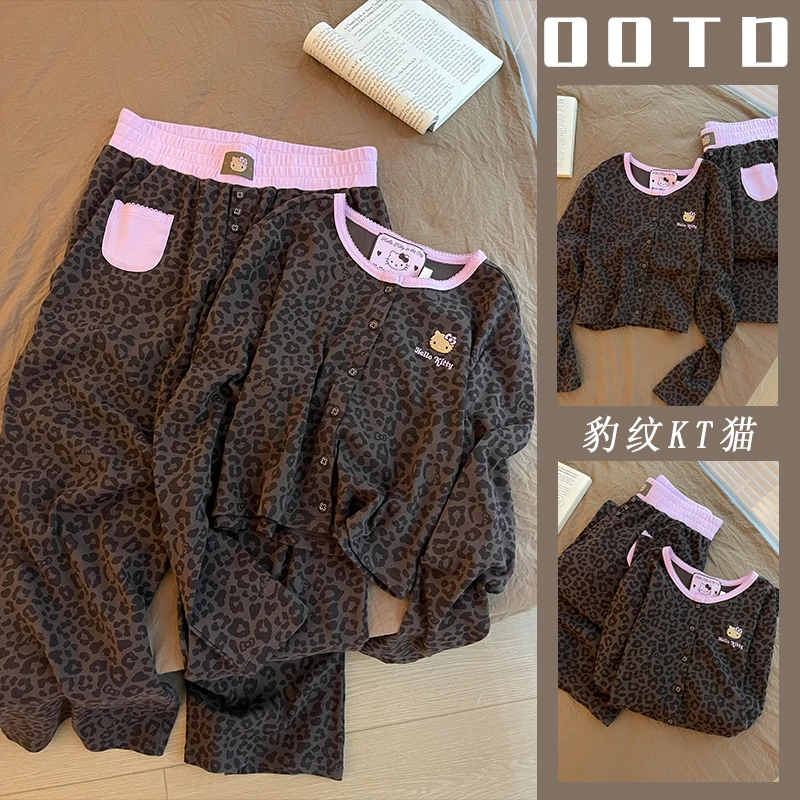 豹纹长袖睡衣女春秋季甜美刺绣卡通KT猫韩版学生可外穿家居服套装