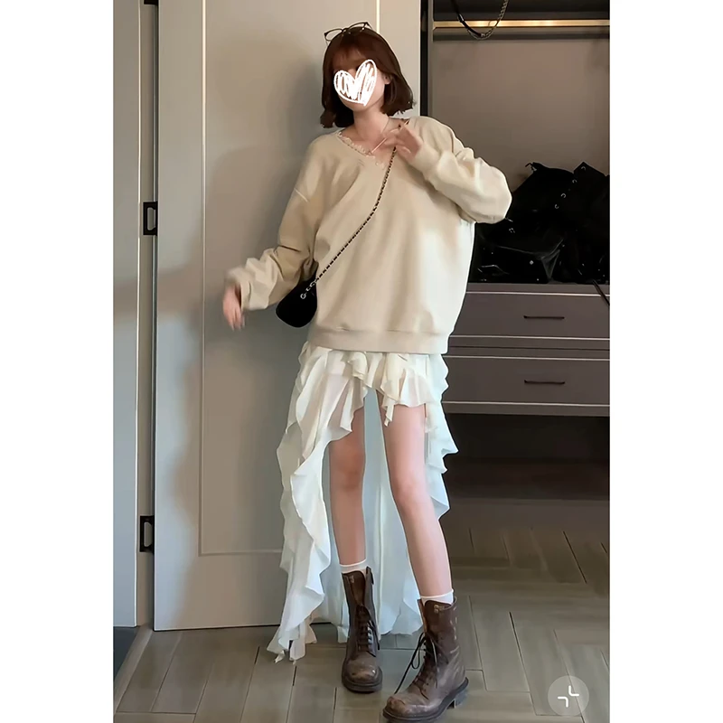 蕾丝拼接V领蝴蝶结后背长袖卫衣上衣女松紧腰不规则半身裙秋套装