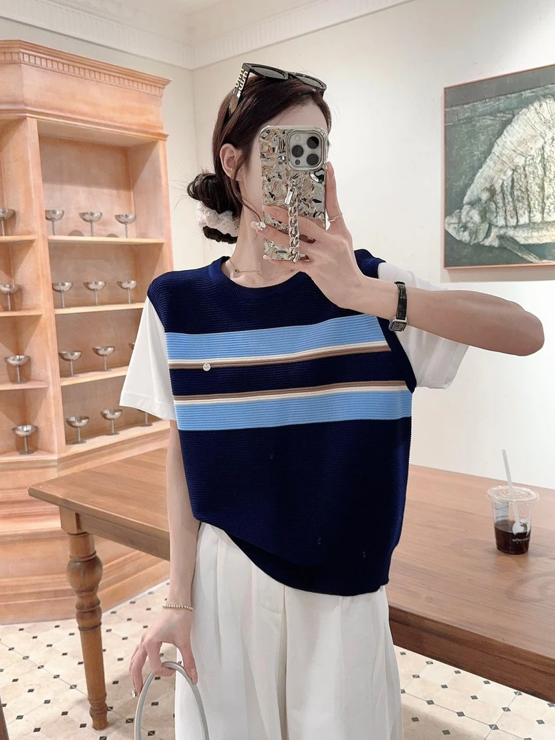 十三行2025春季设计感圆领套头短拼接假两件撞色休闲针织衫上衣女