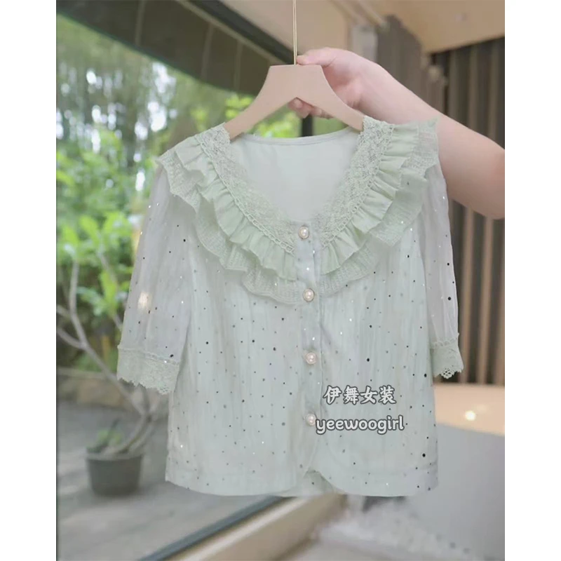 【伊舞】2025夏季新款拼接刺绣亮片短袖气质百搭显瘦减龄短款上衣