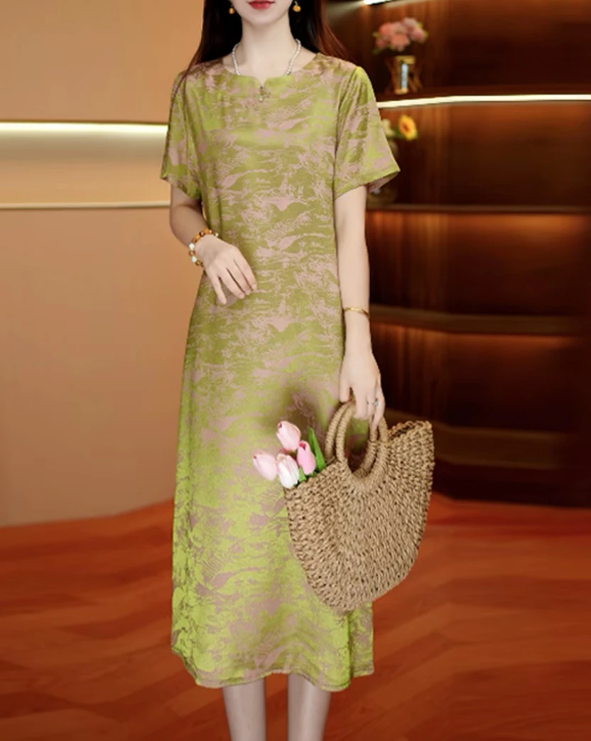 1159-3新中式国风复古时尚气质夏季提花中长款洋气连衣裙宽松