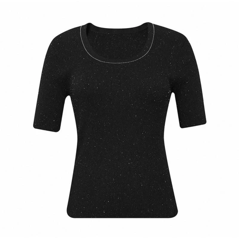 256060-GD U领珠片坑条纯色针织衫上衣