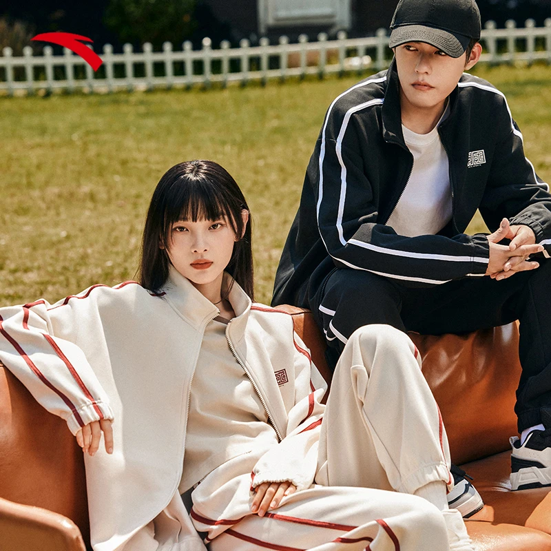 安踏春季运动套装男子新款休闲外套卫裤加绒开衫立领流光风两件套