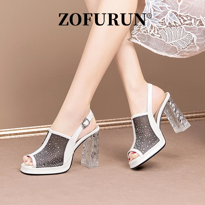 ZOFURUN网纱水钻防水台水晶跟高跟鞋夏时尚新款性感鱼嘴凉鞋粗跟