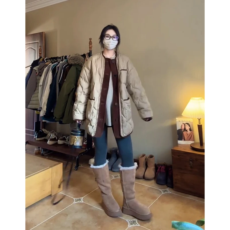 parkyeon复古撞色棉服外套女冬季新款小个子外穿加厚保暖面包服