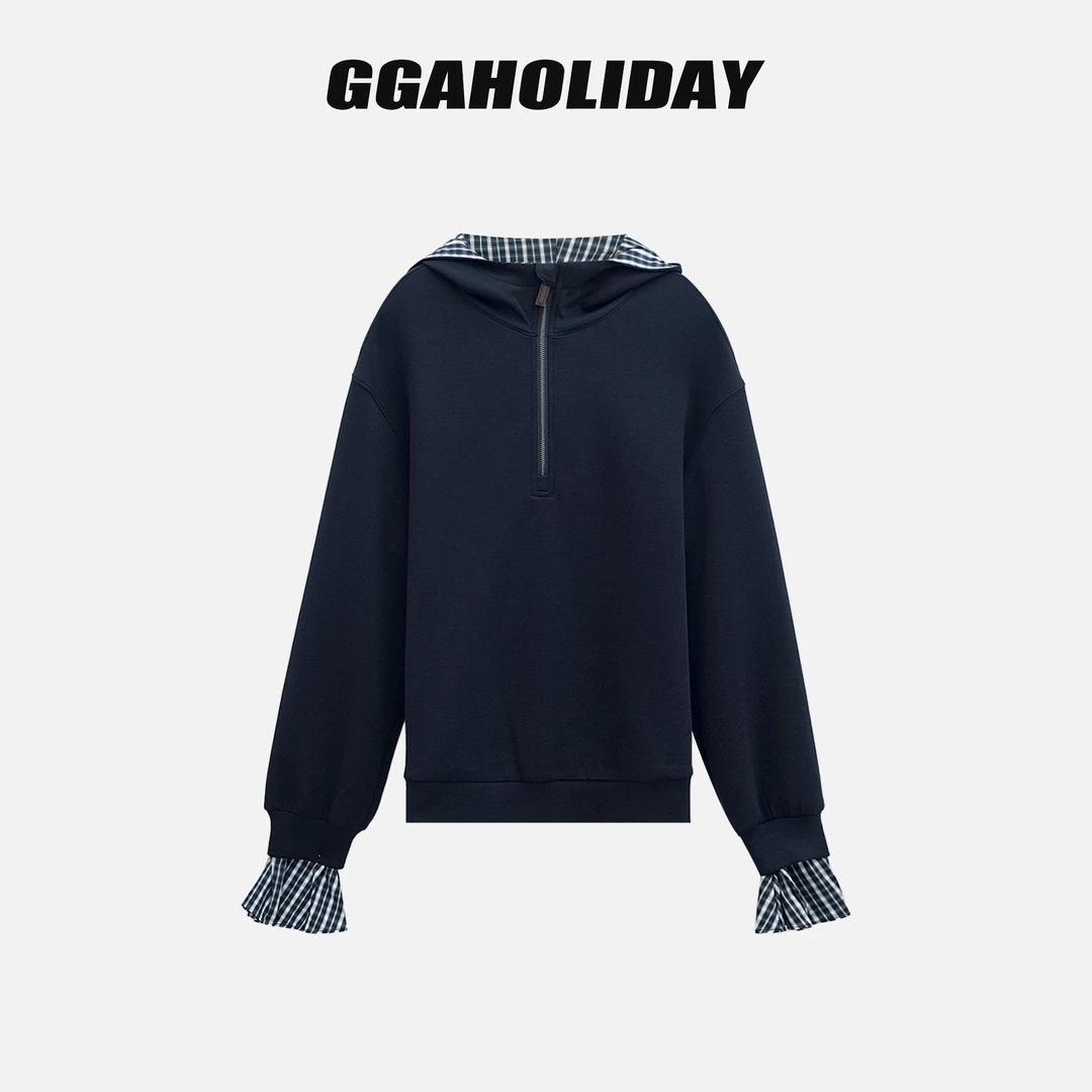 【上新】GGAHOLIDAY时尚宽松百搭美式连帽拉链格子拼接卫衣-154085