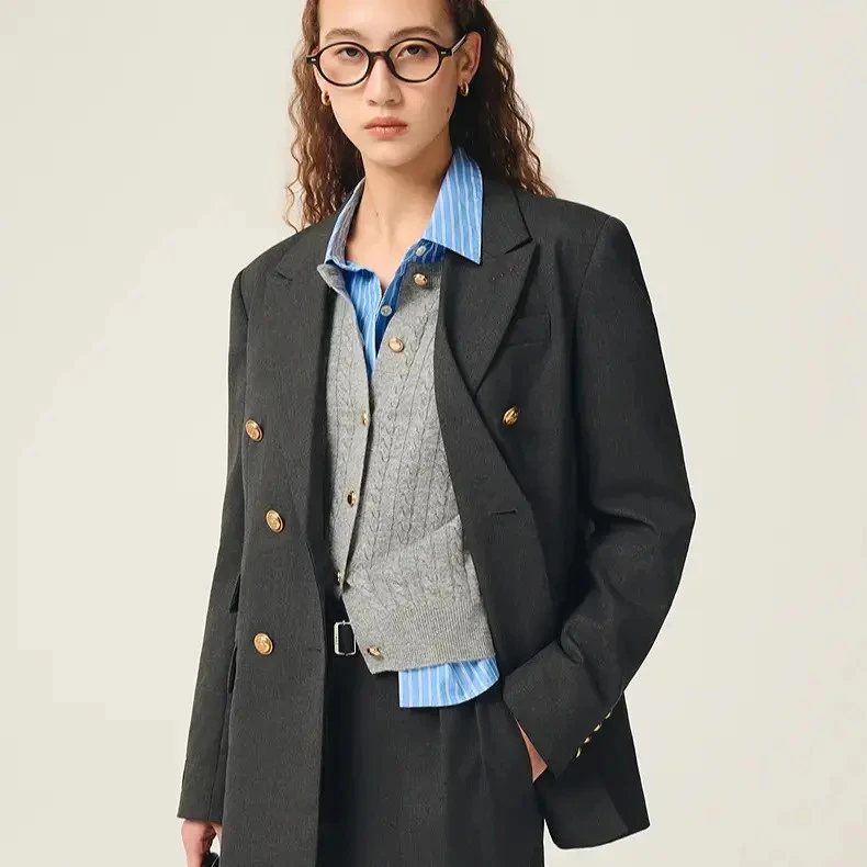 TeenieWeenie小熊黑色西装外套女2025冬季新款女装TTJK254908W