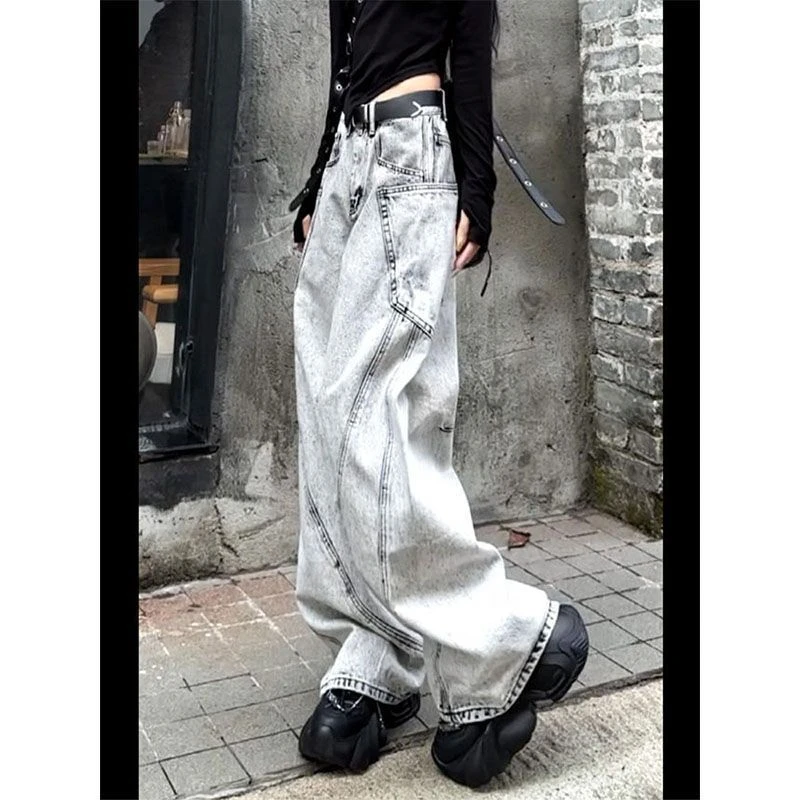 美式复古高级个性拼接牛仔裤夏季宽松阔腿裤显瘦重工潮酷裤男女秋