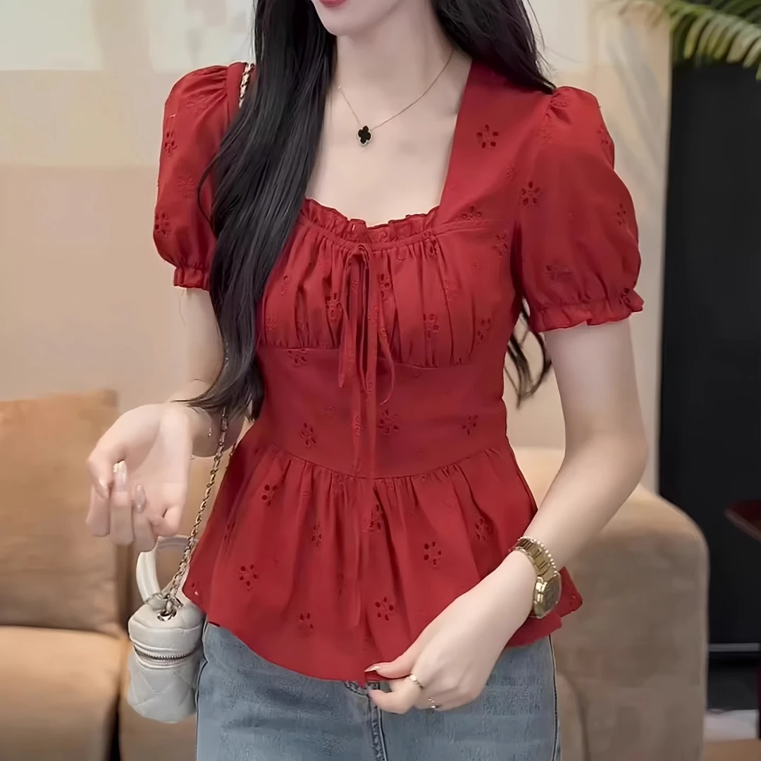 大码微胖收腰显瘦修身短袖小衫女装夏季镂空刺绣花边系带甜美上衣