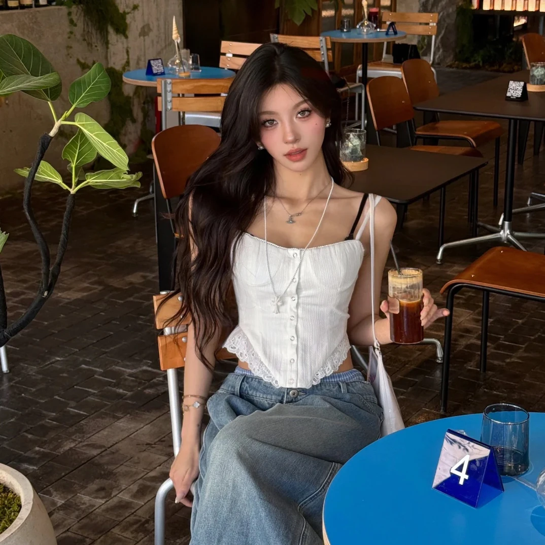 白色蕾丝花边纯欲显瘦辣妹抹胸吊带背心