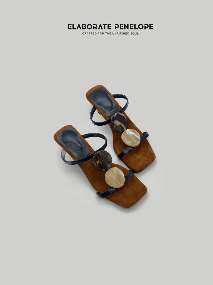 E/P STUDIO-5.5CM复古法式露趾凉鞋女一脚蹬外穿一字拖鞋