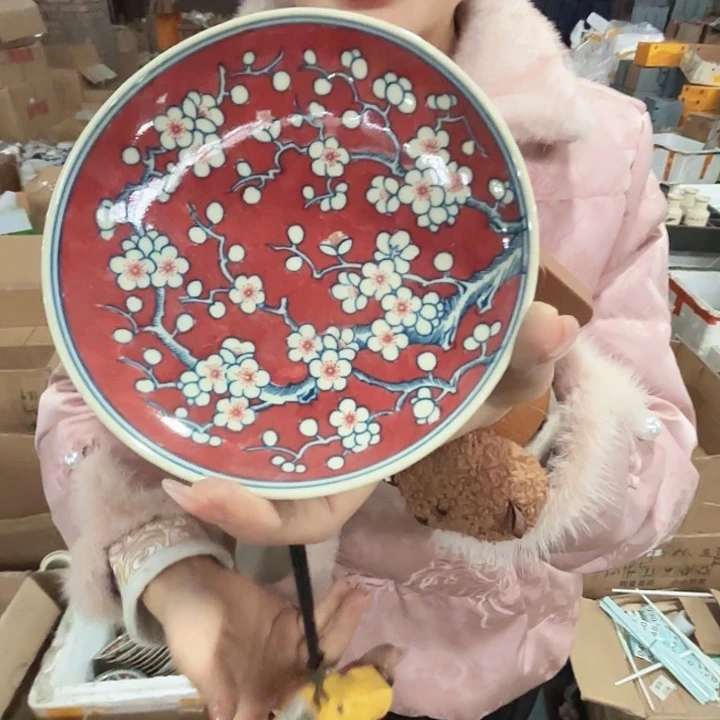 陶摆件景德镇高温红希希5寸碟子