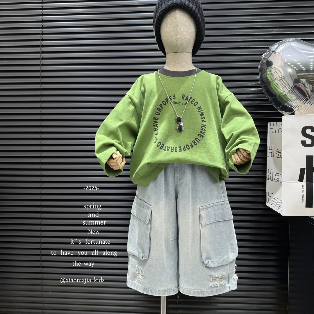 现货-儿童春季纯棉韩版卫衣D-5155纯色打底衫潮流时尚帅气宽松