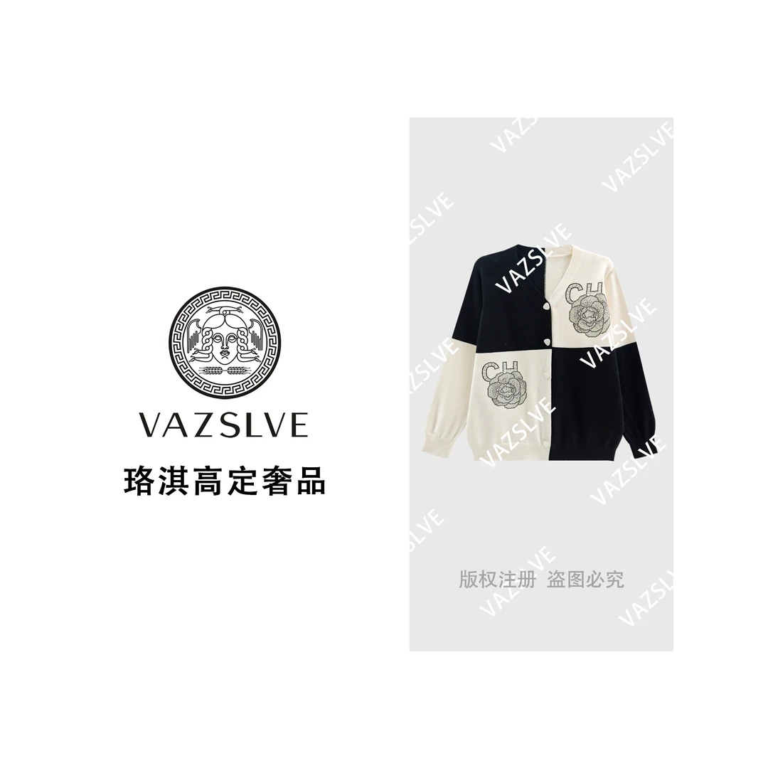 【VAZSLVE/珞淇高定】烫钻山茶花时尚休闲设计师开衫毛衣MY9279