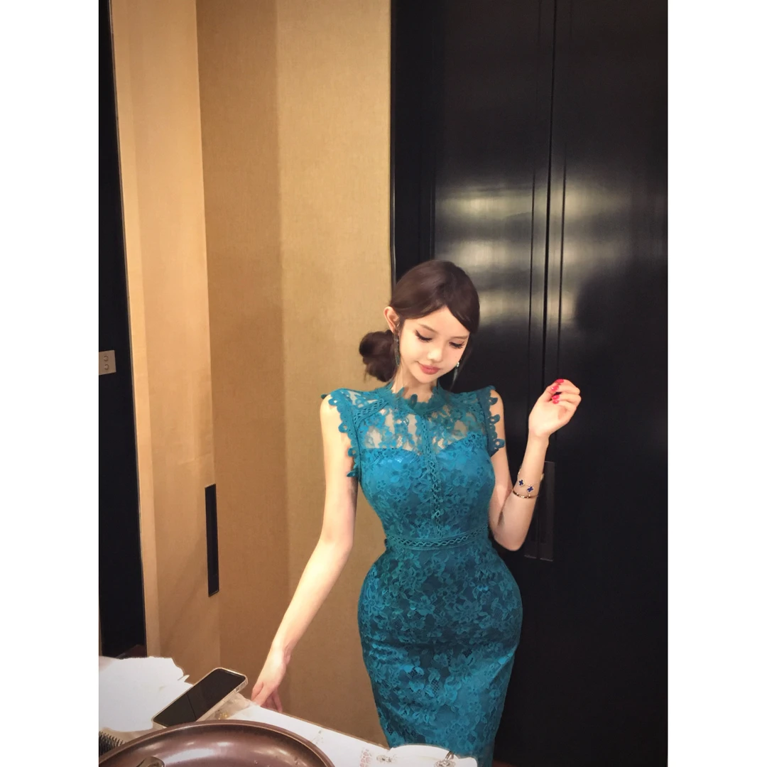网红 纯欲风蕾丝连衣裙气质修身性感包臀长裙千金小礼服裙子连衣