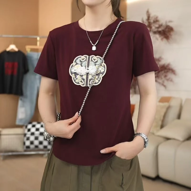 B270#圆领新中式贴布刺绣短袖T恤（L~4XL.90~150斤）