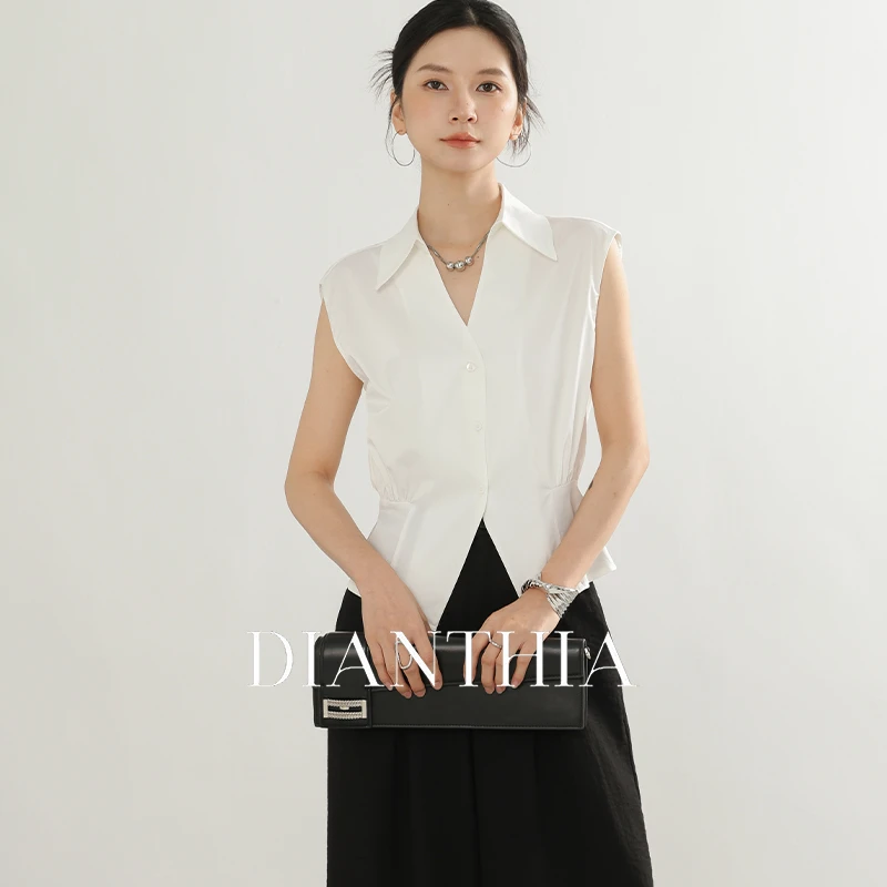 DianThia抗皱法式设计感无袖衬衫女2025新款高级感气质砍肩小上衣