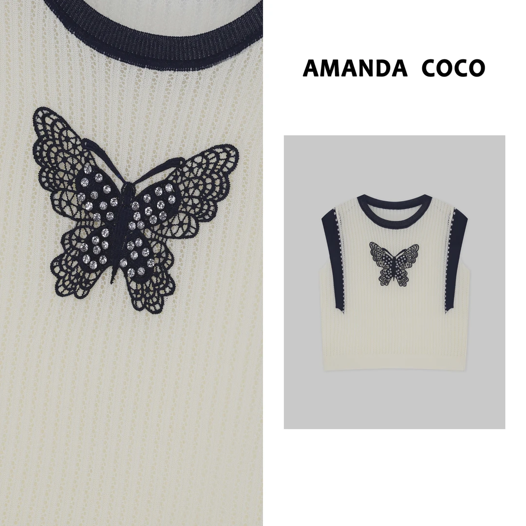 左岸蝴蝶～夏季薄款钉钻撞色蝴蝶设计感镂空飞袖针织衫