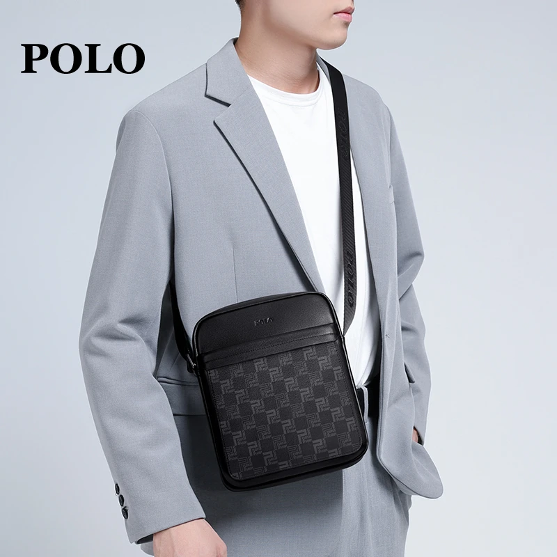 POLO轻奢时尚休闲男士包包百搭潮流真皮格纹单肩包青年商务韩版包