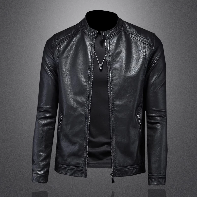 John Bunni简约复古皮衣外套春秋季男士帅气立领时尚个性皮夹克潮