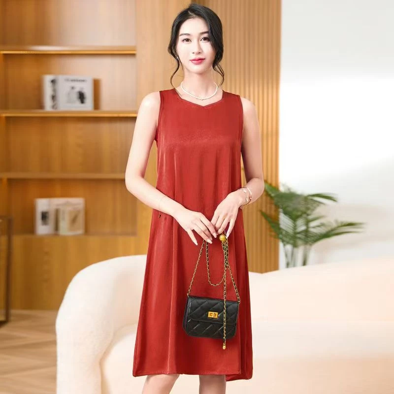 2025高腰中长裙女装极简风连衣裙圆领长裙大码无袖显瘦宽松过膝