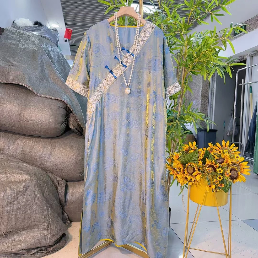 新中式国风盘扣提花长裙改良民族风微胖遮肉显瘦古风大版夏81512