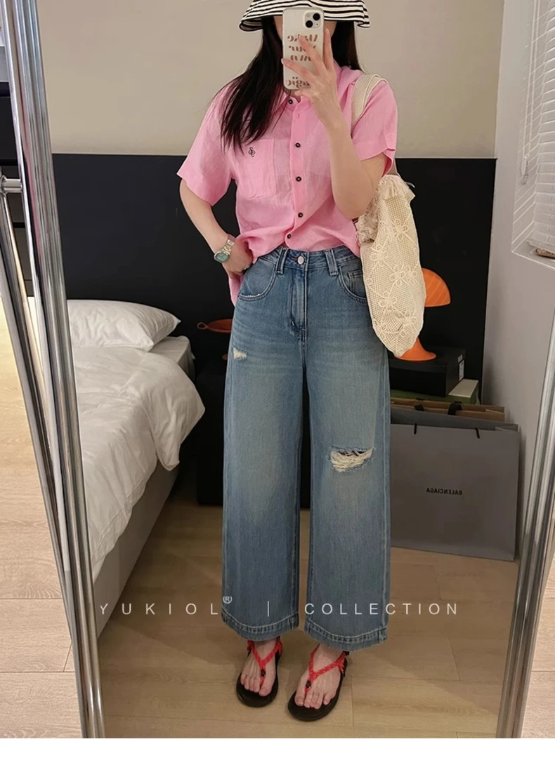 阔腿牛仔裤女2025夏季新款大码直筒裤汉麻薄款蓝色高腰破洞九分裤