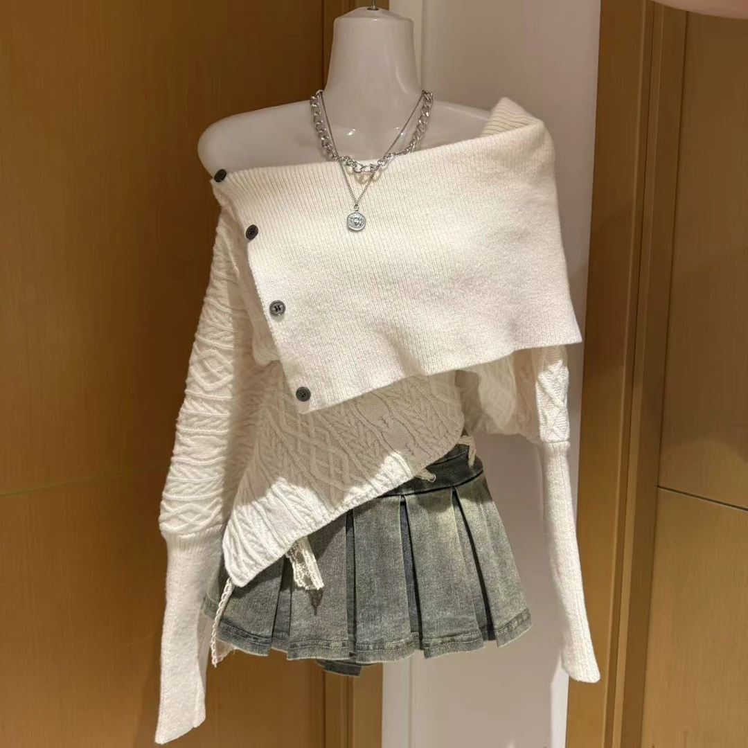 美式复古不规则辣妹毛衣牛仔百褶裙