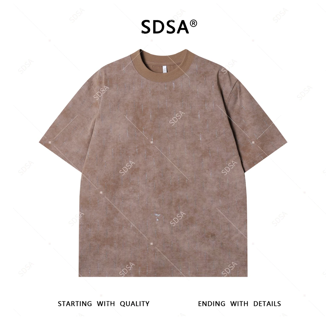 夏季高级感新款男士美式虚线烫钻设计短袖T恤痞帅圆领宽松上衣