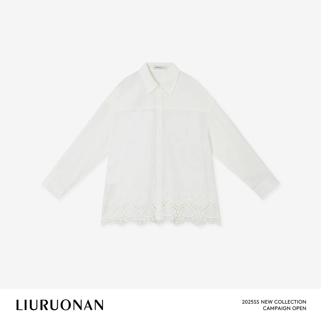 LIURUONAN 25SS【白羽扇衬衫】纯棉蕾丝镂空衣摆夏季薄款宽松上衣女