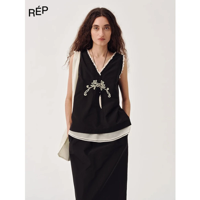 REP-INTHELI 品牌玄青黑蕾丝花边手工钉珠背心 25SS女装春夏新品